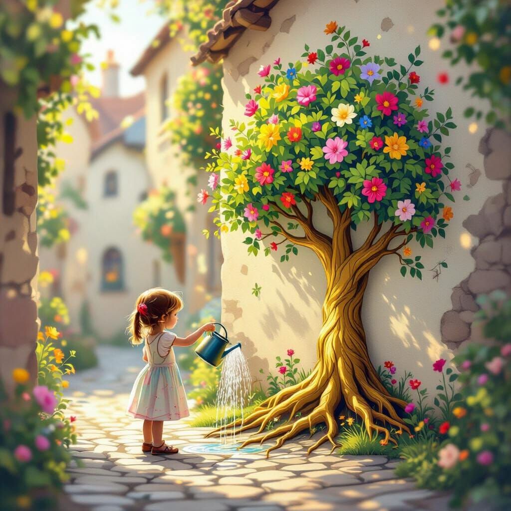 Girl Waters Magical Wall Tree With Golden Roots