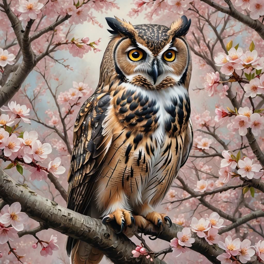 Majestic Owl Perched Among Cherry Blossoms