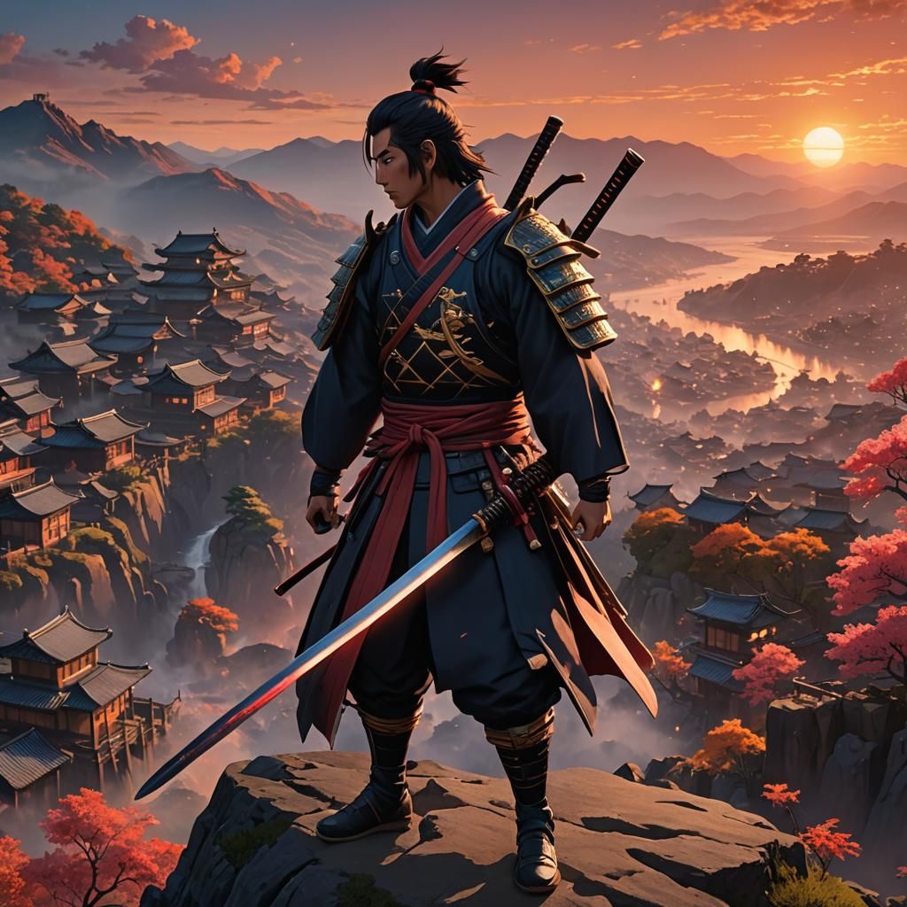 Epic Samurai Standing on Cliff's Edge at Sunset with Burning...