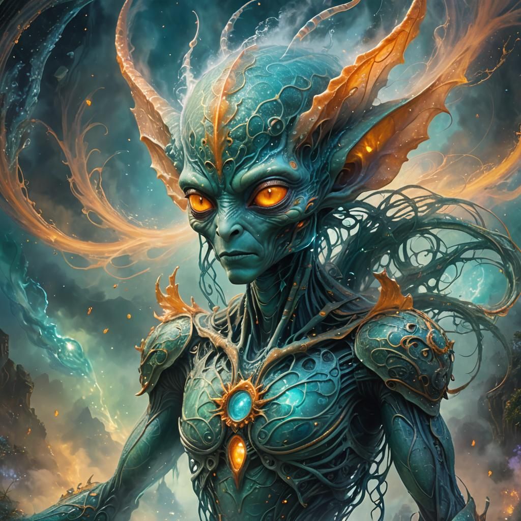 Ethereal Alien in Misty Landscape: Hyperdetailed Digital Art