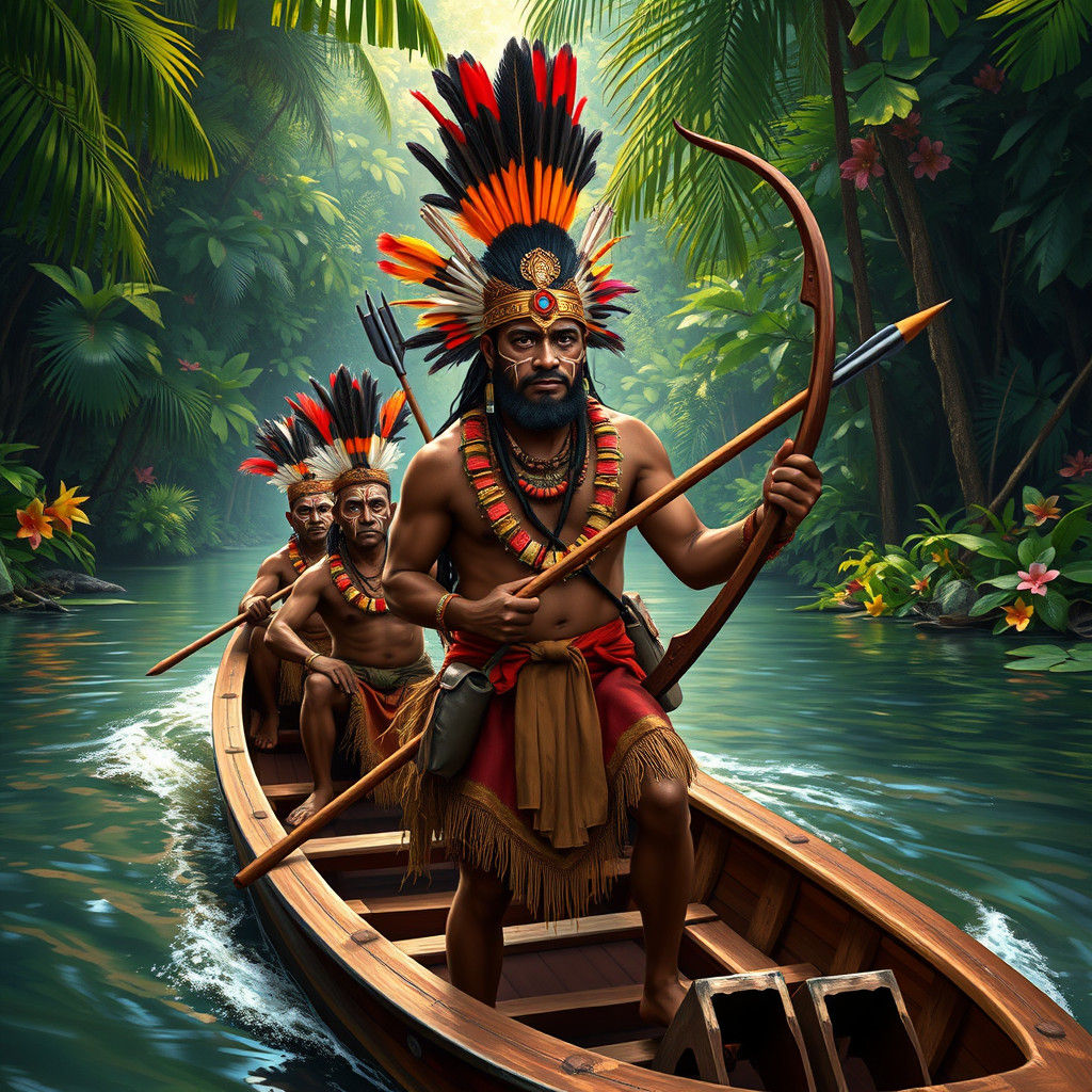 Iban Chief in Jungle Boat, Splash Art Style