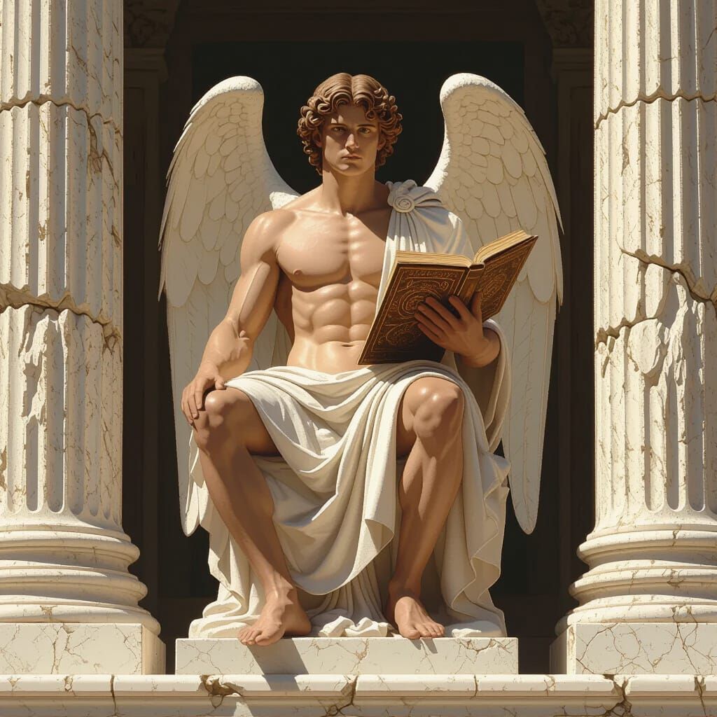 Athletic Angel with Grimoire in Classic Temple Setting