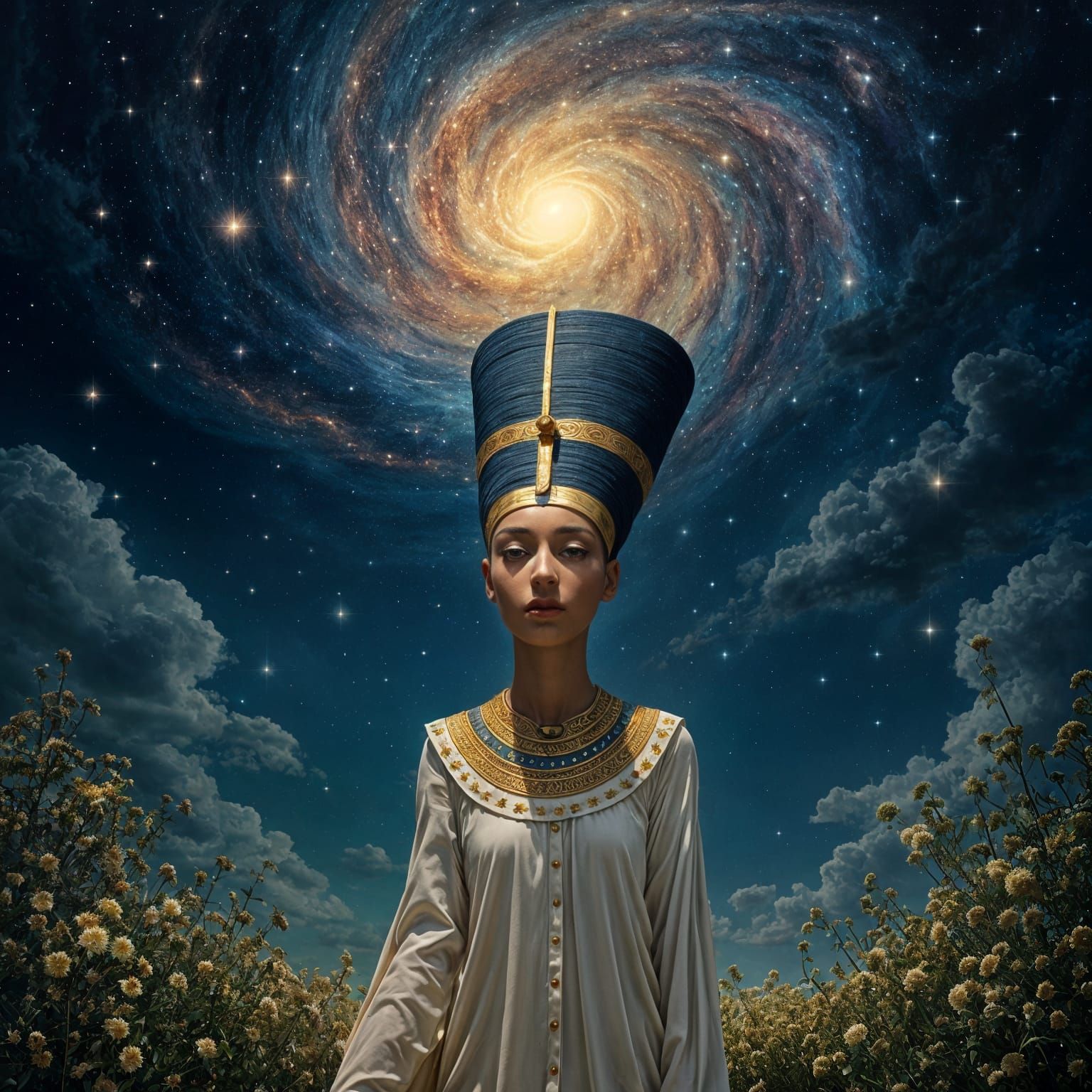 Nefertiti: A Celestial Queen in Cosmic Art Nouveau