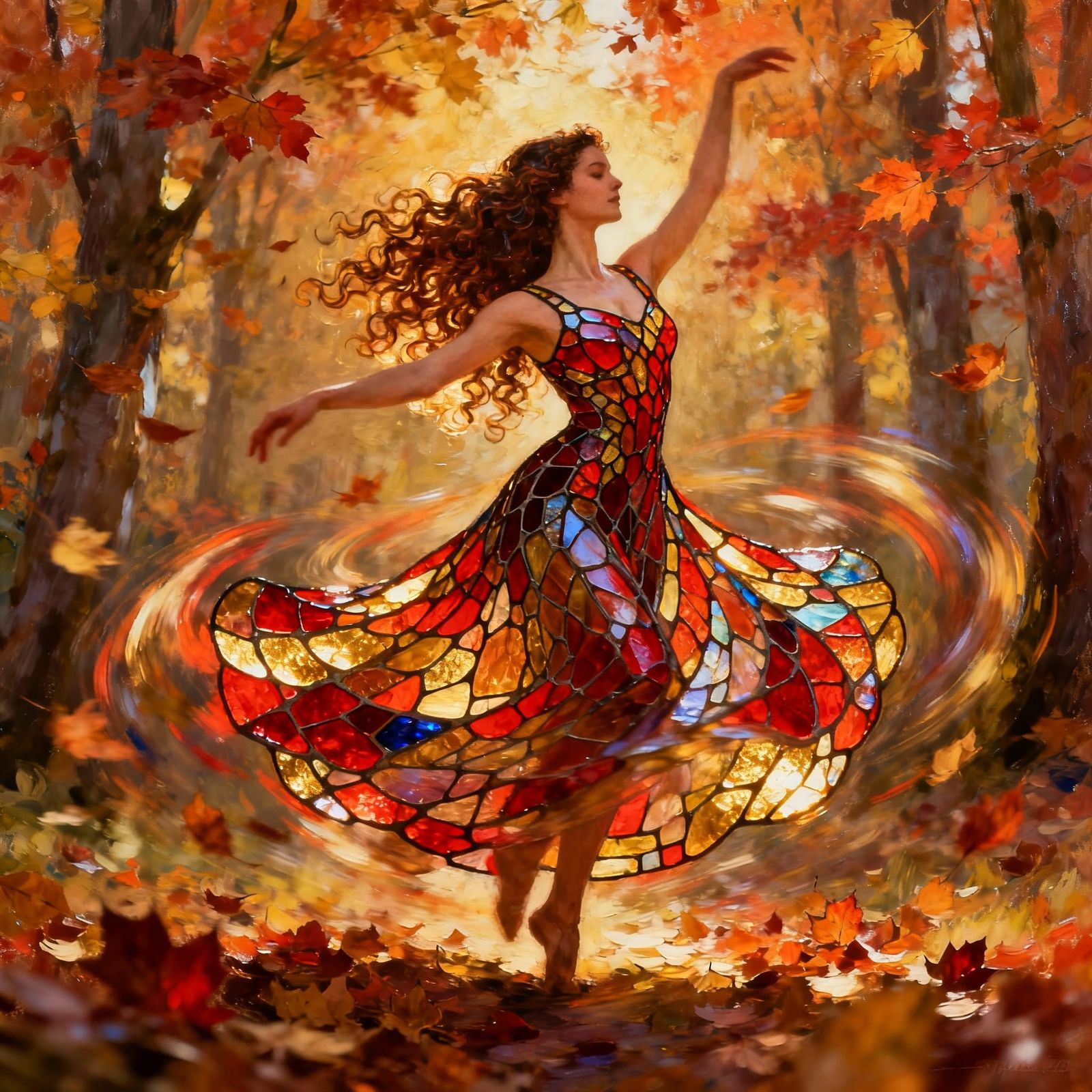 Dancer in Stained Glass Dress in Autumn Forest