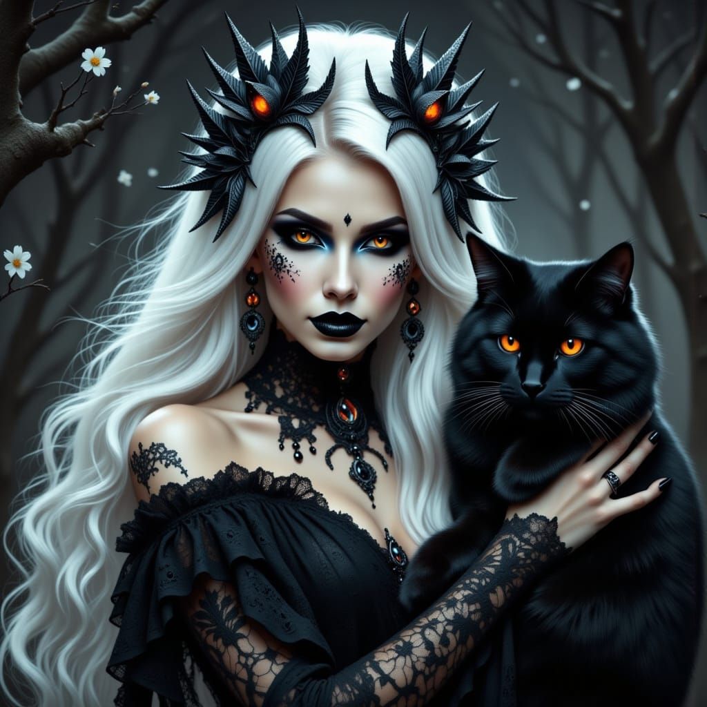 Mysterious Woman With White Hair and Black Cat