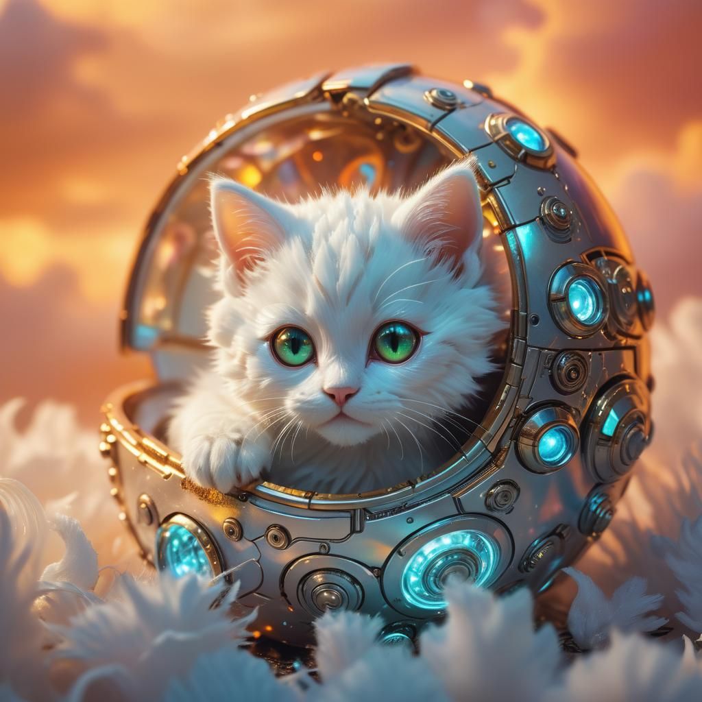 Cyberpunk Kitten in Nautilus Shell Still Life