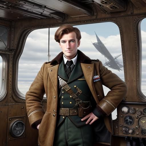Steampunk British Officer in Flying Jacket on Airship