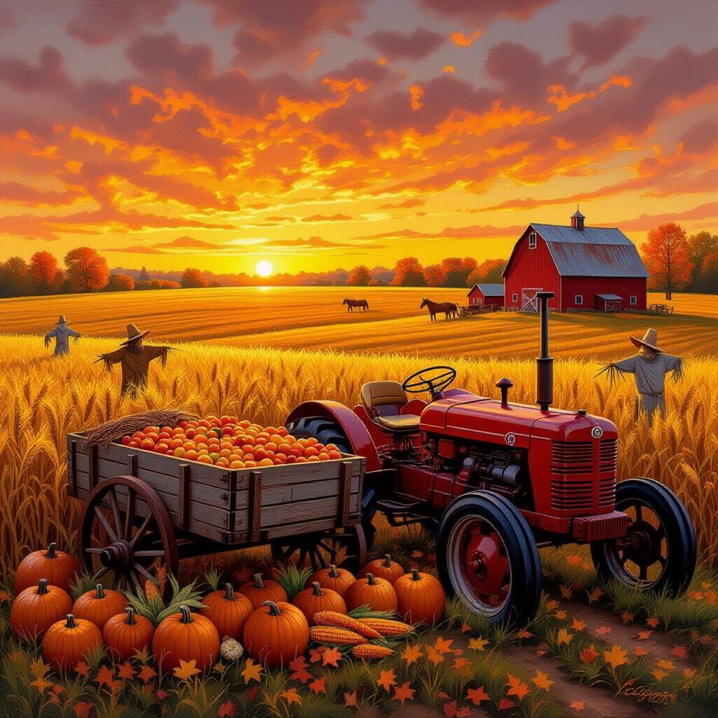 Autumn Harvest Oil Painting in Golden Evening Light