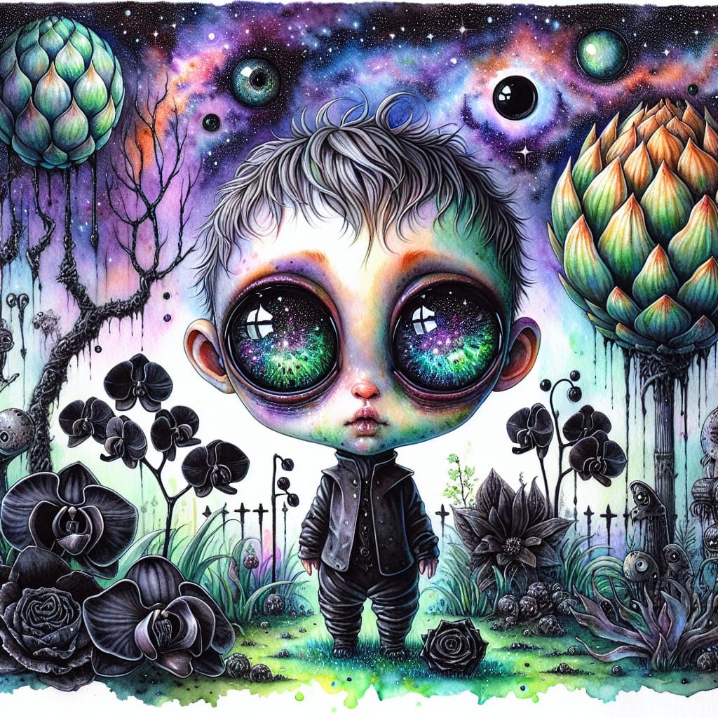 Gothic Chibi Artichoke Child in Watercolor Garden