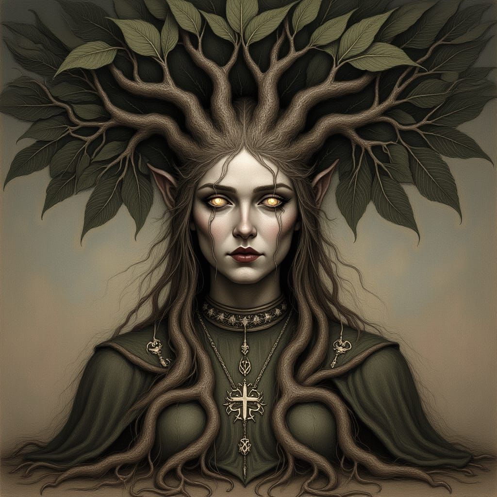 Ancient Tree Spirit with Silk Leaves, Gothic Watercolor Styl...