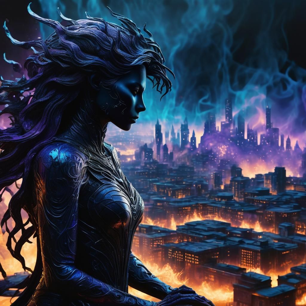 Fae Silhouette with Burning City, Holographic Dark Fantasy