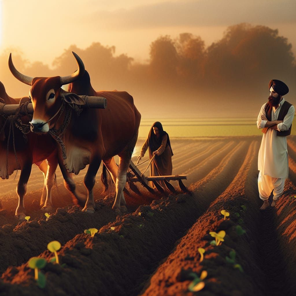 Punjabi Farmer Ploughing Field with Bullocks at Sunset