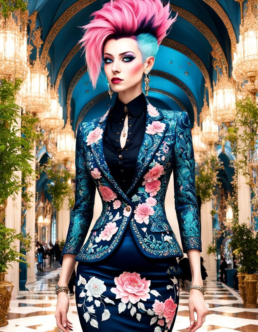 Punk Girl with Pink Mohawk in Palace, Digital Art