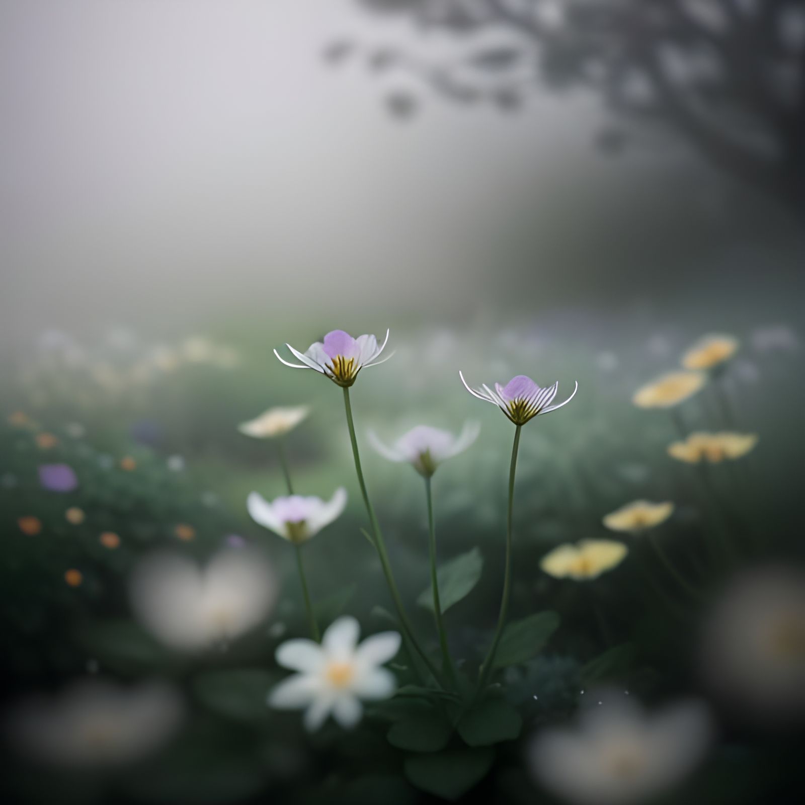 Ethereal Garden with Vibrant Flowers in Dreamy Mist