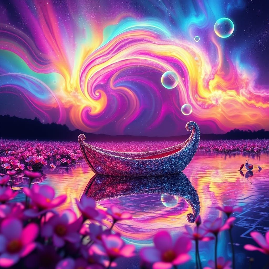 Crystal Boat on Shimmering Lake in Chiaroscuro Fantasy