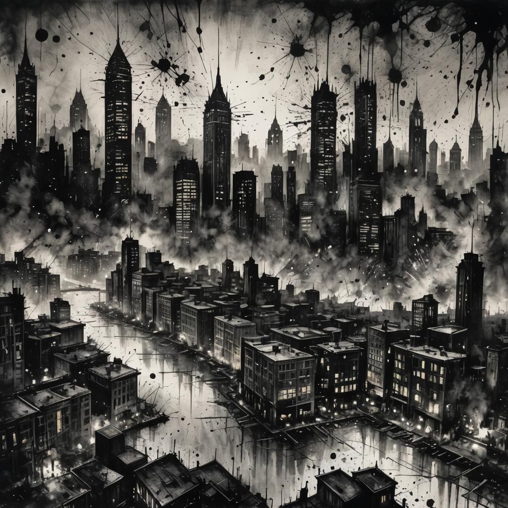 Mystical Cityscape in Black and White Charcoal