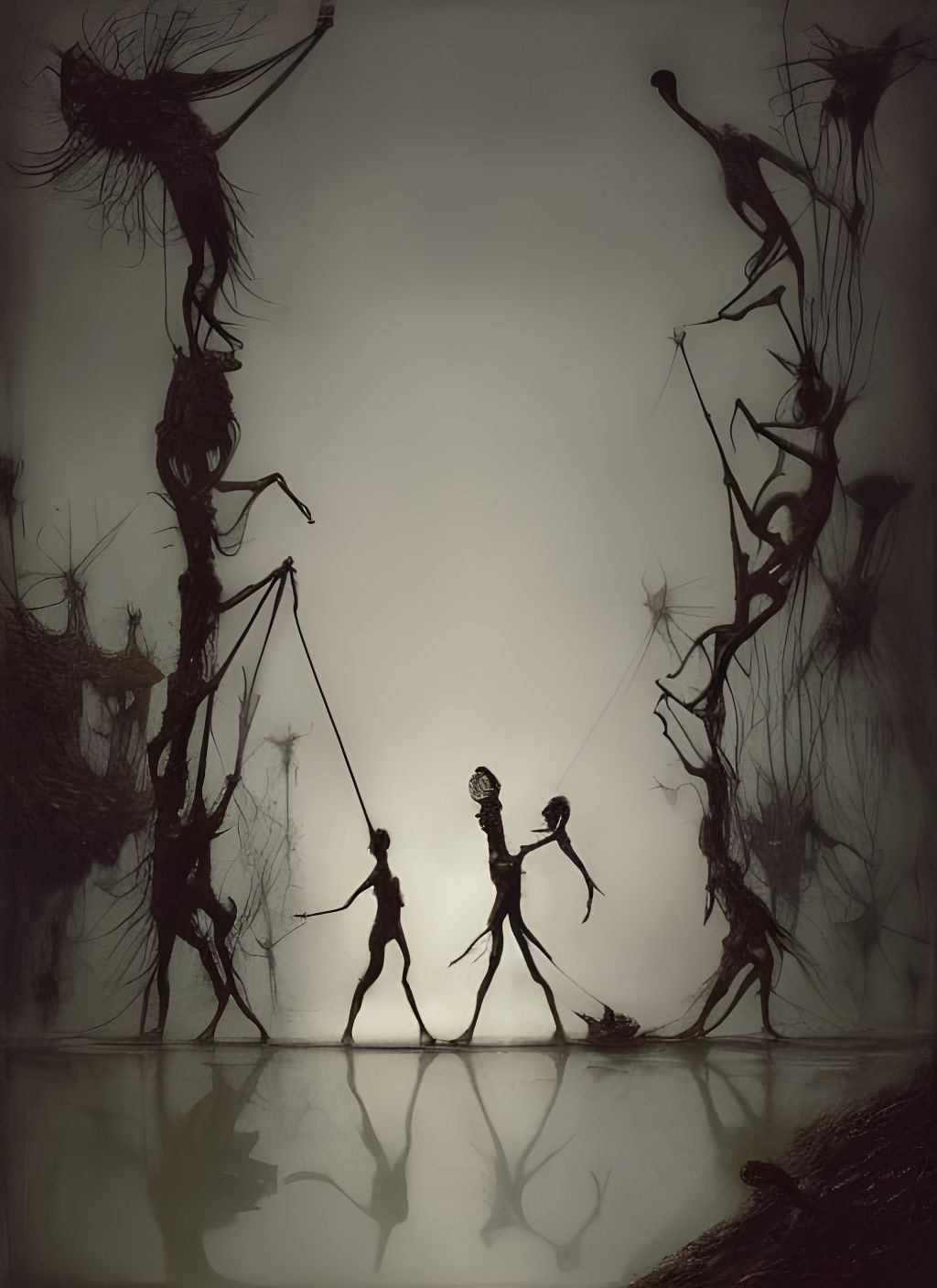 Gaunt Dancers on Stilts in Mixed Media Art