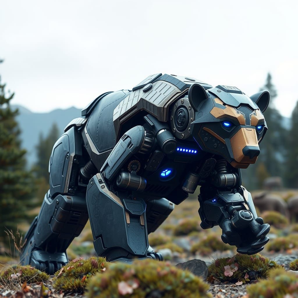 Mechanized Grizzly Bear on the Prowl in Futuristic Wildernes...
