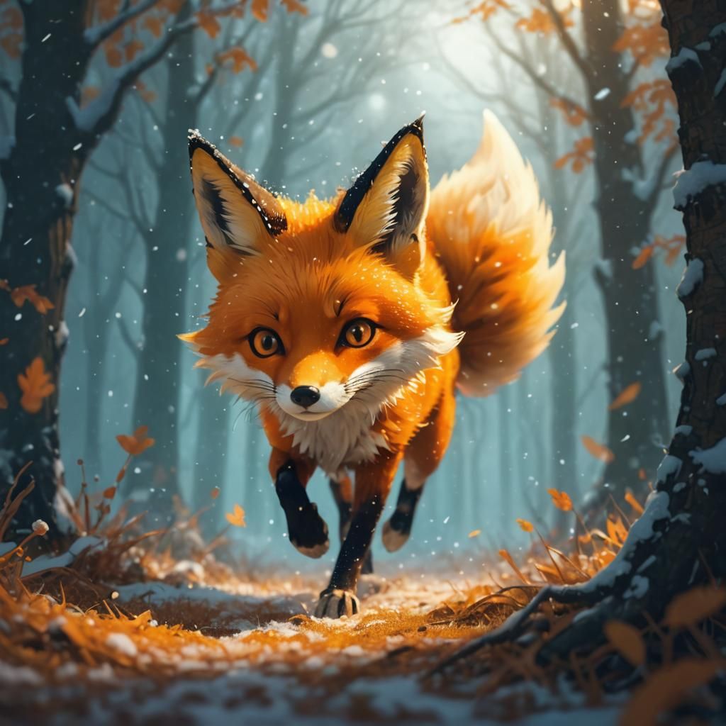 Fox in Snowy Woodland: Anime-Inspired Digital Art