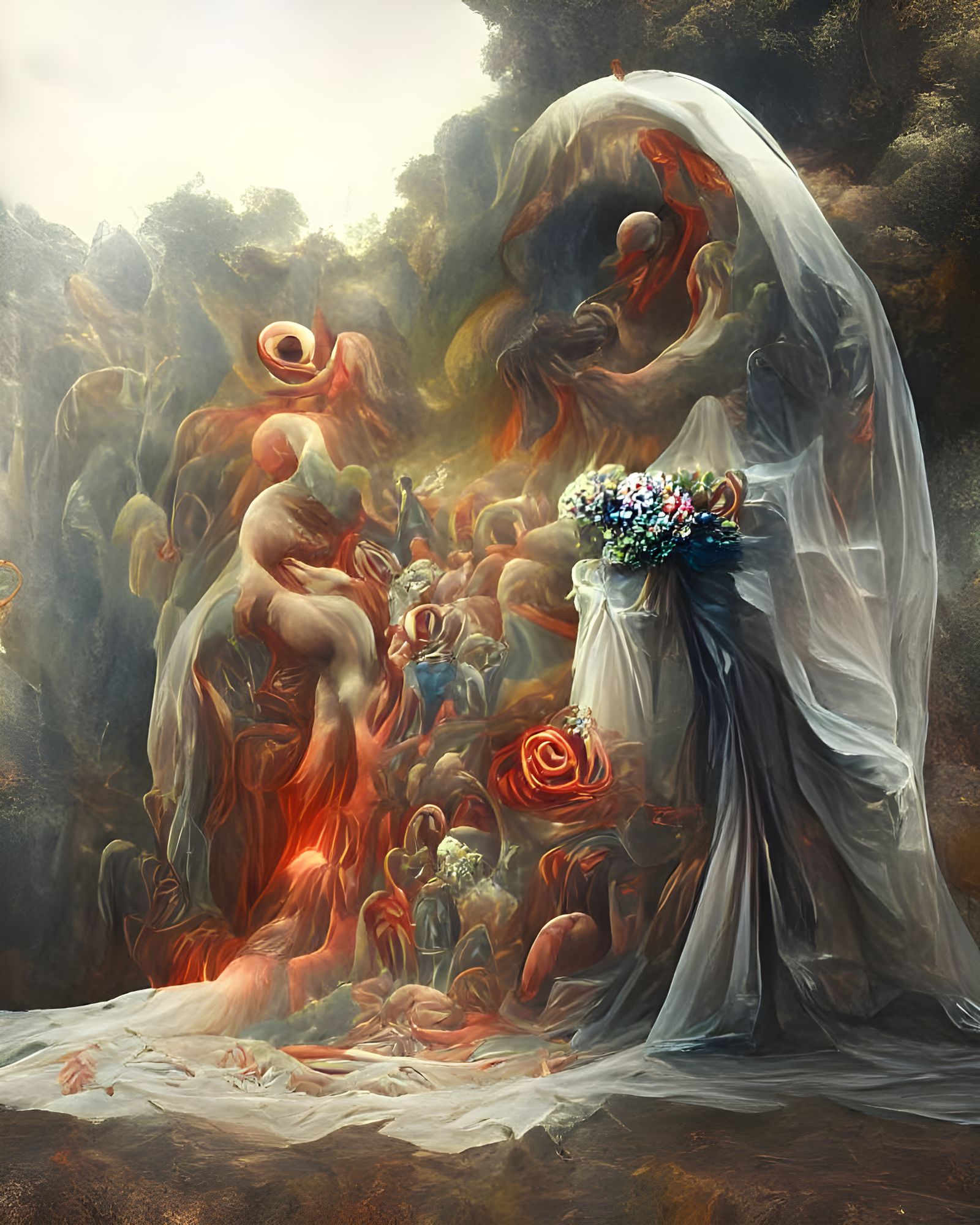 Surreal Wedding in Hell with Angels and Flowers