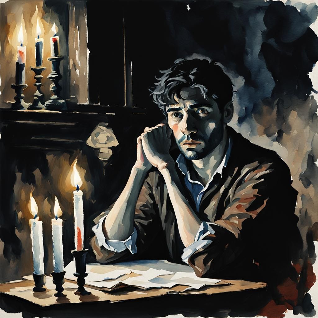 Brooding Artist by Candlelight in Gouache Watercolor