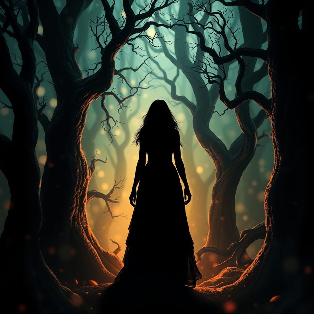 mysterious silhouette forest woman, by Minjae Lee, Carne Griffiths, Emily Kell, Geoffroy Thoorens, Aaron Horkey, Jordan ...