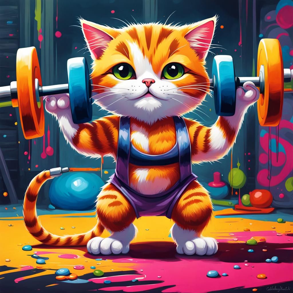 Cute Cat Gym Workout in Graffiti Art Style