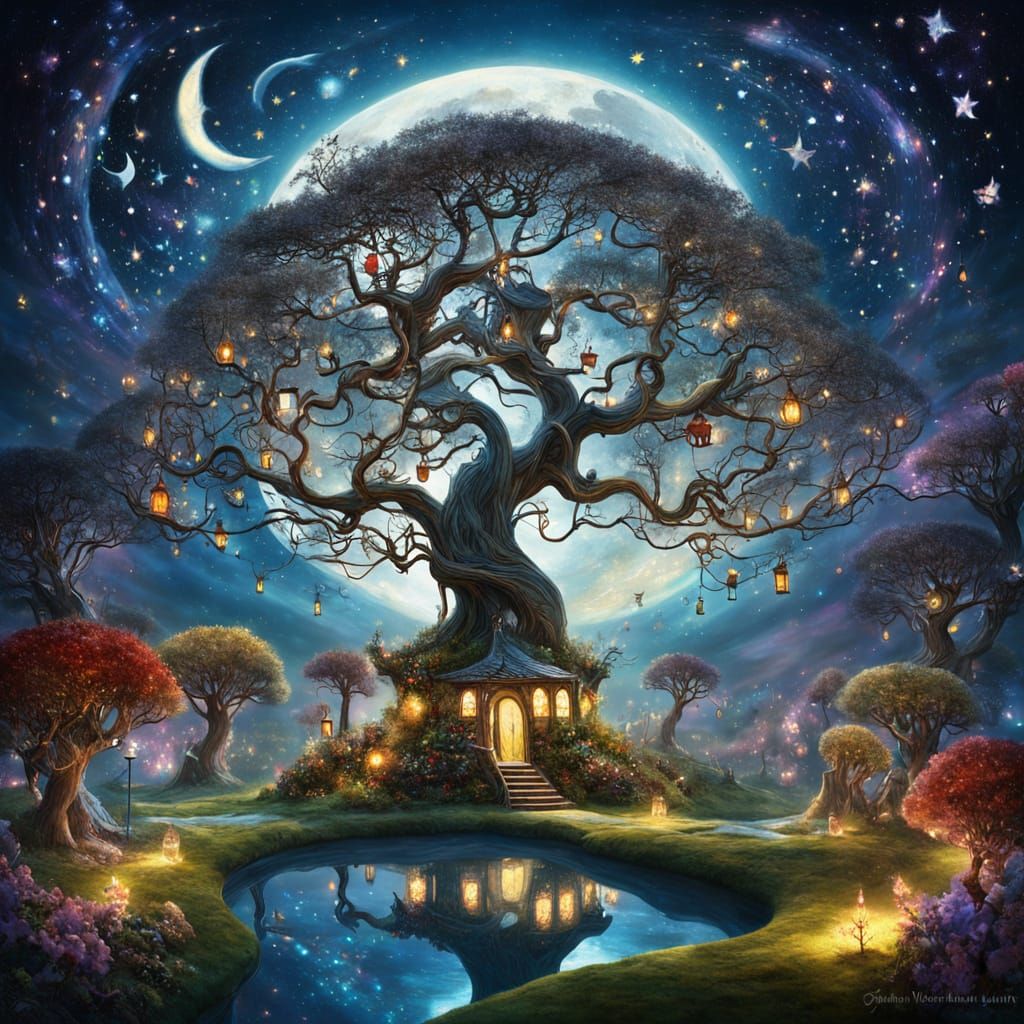 Crescent Moon Garden: A Surreal Oil Painting