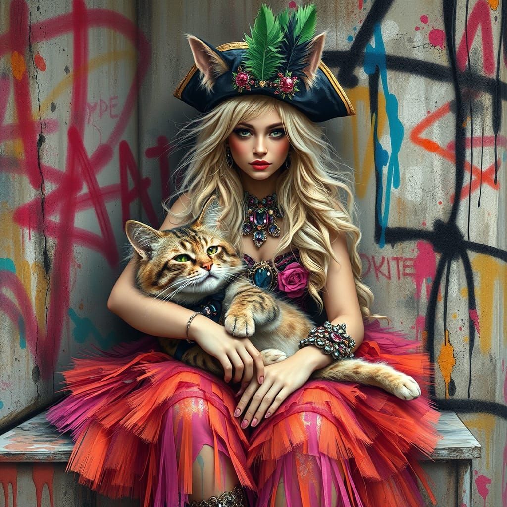 Cat Lady and Pirate on Graffiti Wall, Polychromatic Art