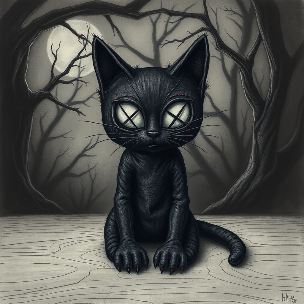 Eerie Black Cat Voodoo Doll in Shadowy Forest