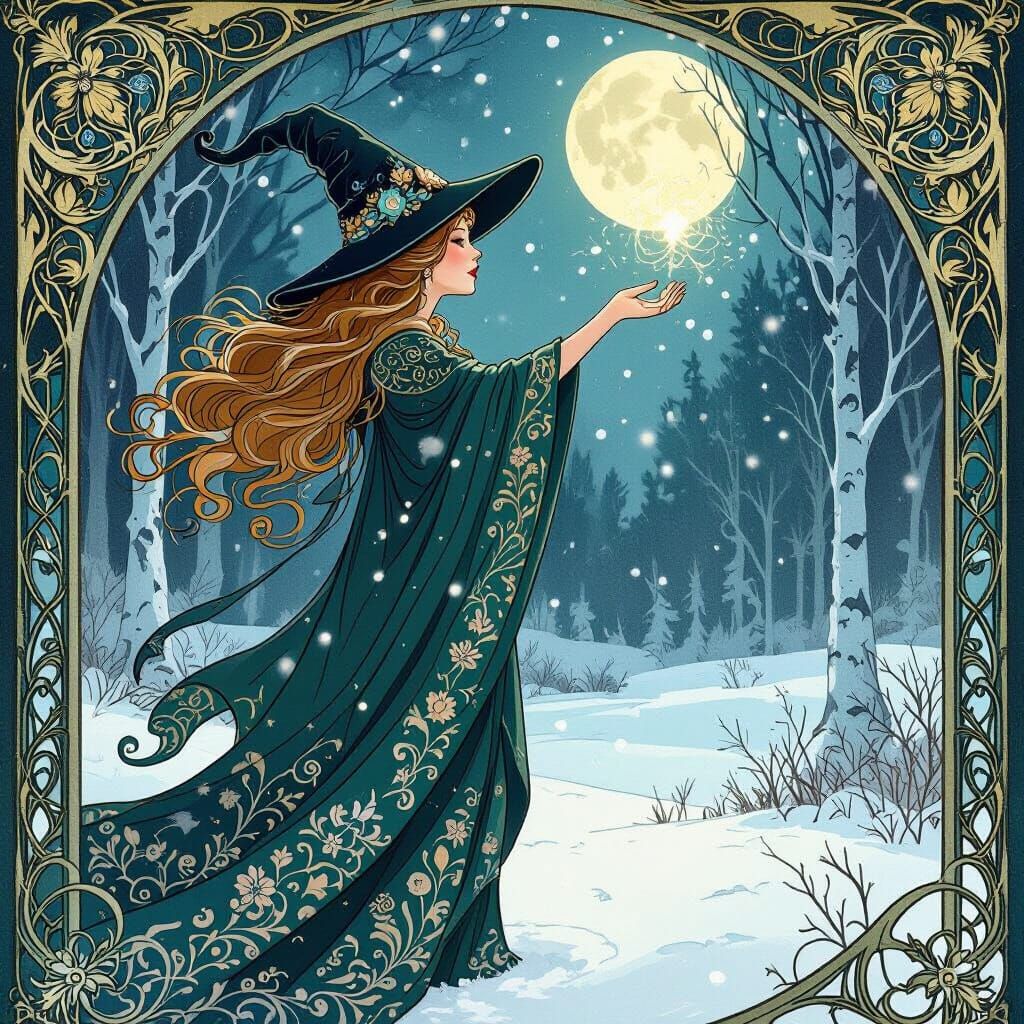 Art Nouveau. A whimsical witch with flowing hair and a point...