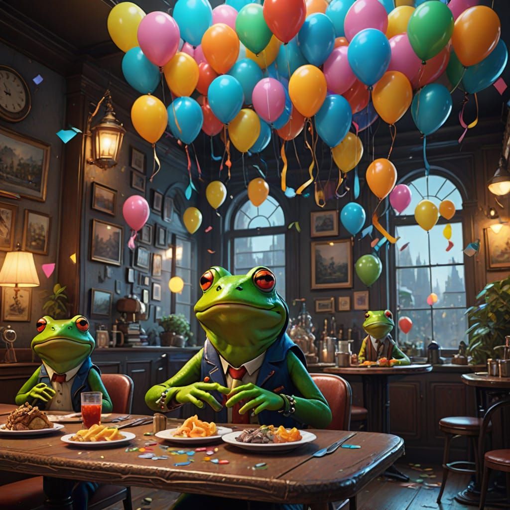Whimsical Frogs Celebrate in a Vibrant London Café