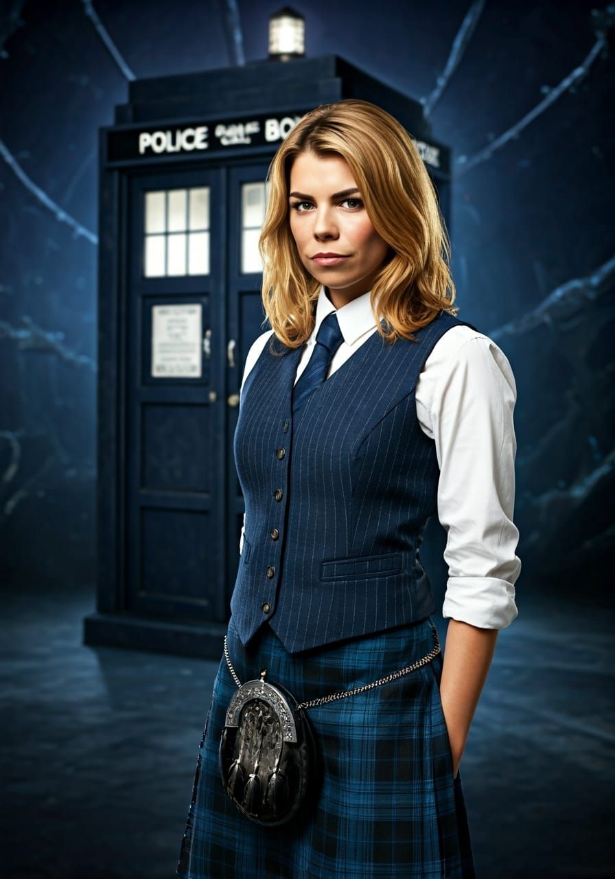 Billie Piper in blue pinstripe waistcoat and kilt standing i...