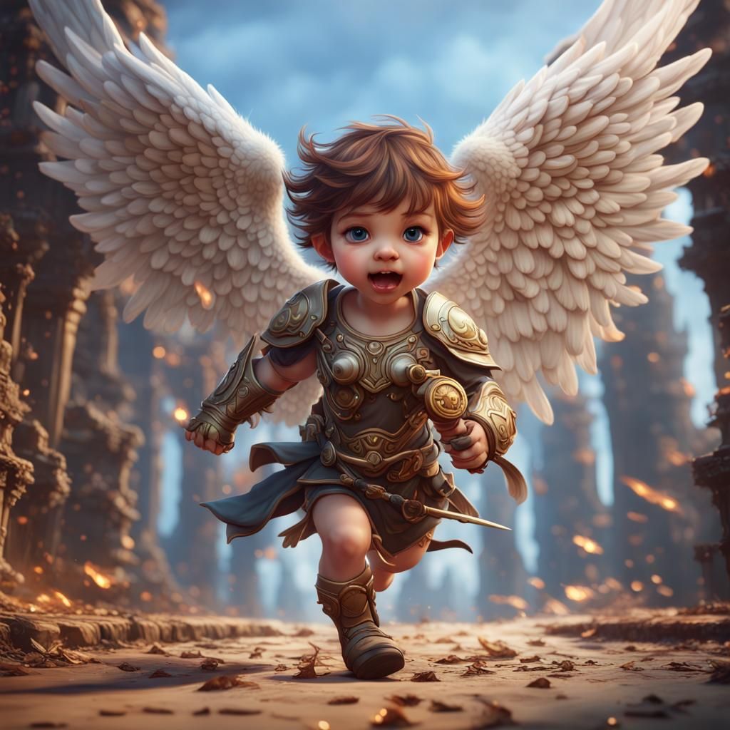 Cute Angel Rushing into Battle: Fantasy Concept Art