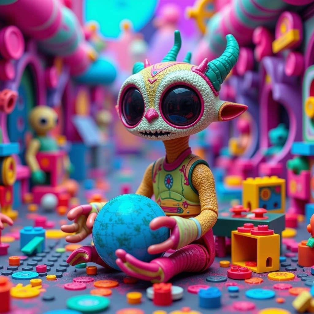 Friendly Alien Embraces Earth in Retro-Futuristic Kitsch