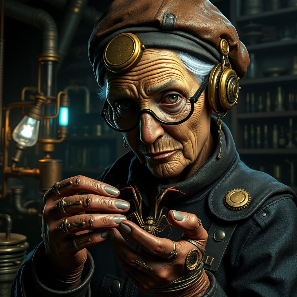 Elderly Female Dwemer Inventor in Her Workshop, Blending Pho...