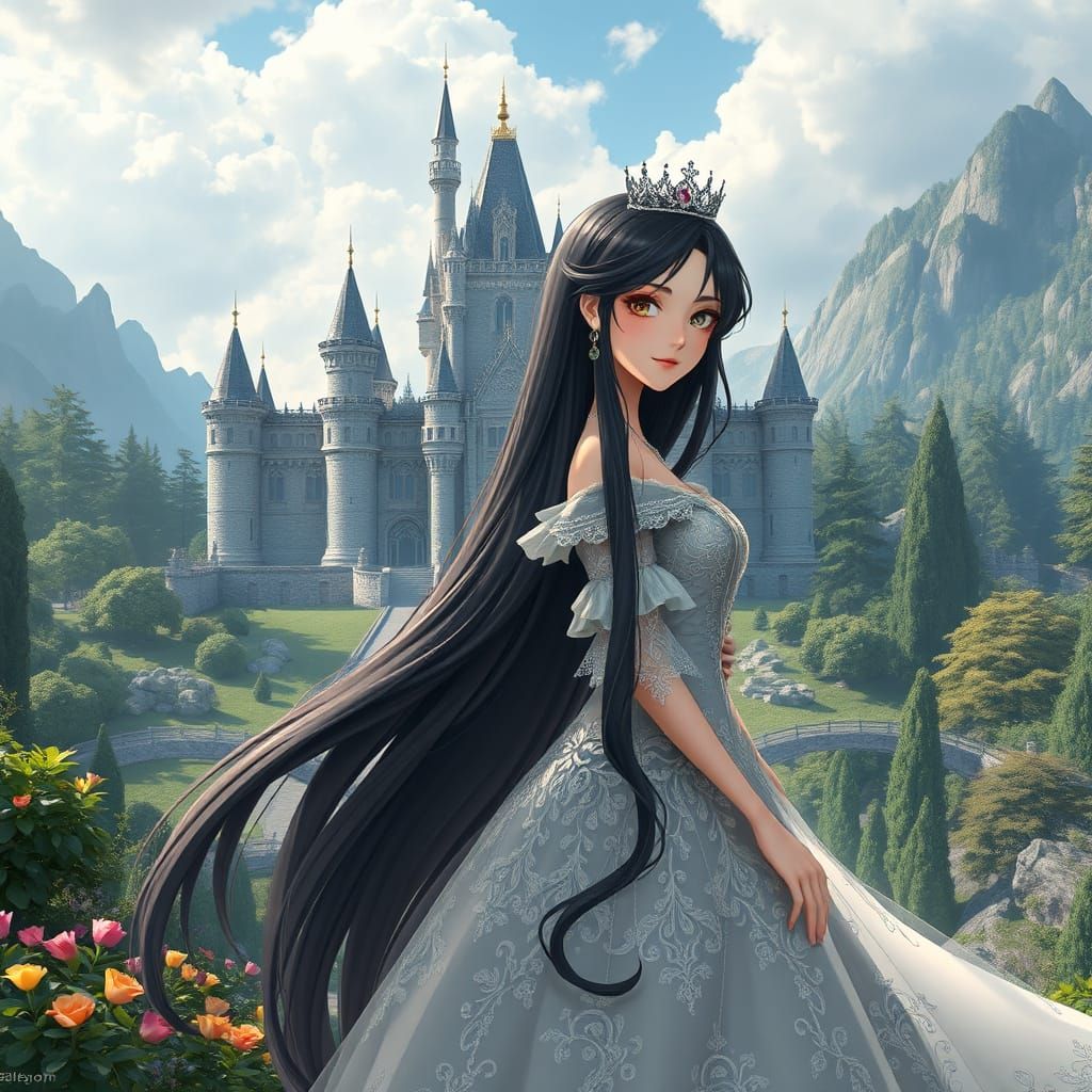 Elegant Princess Stands Before Majestic Castle in Anime-Insp...