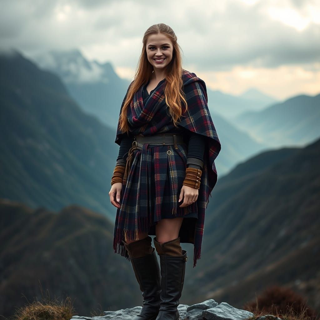 Viking Goddess in Majestic Tartan Attire, Scottish Highlands...