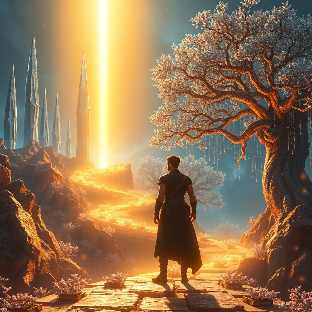 Hero Bathed in Golden Light on Mystical Path