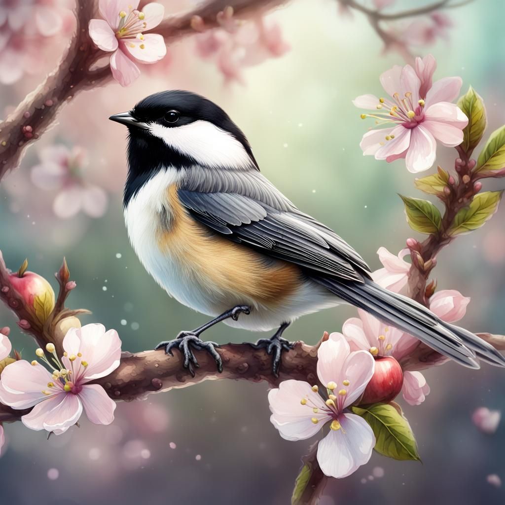 Chickadee with Apple Blossoms in Watercolor Style