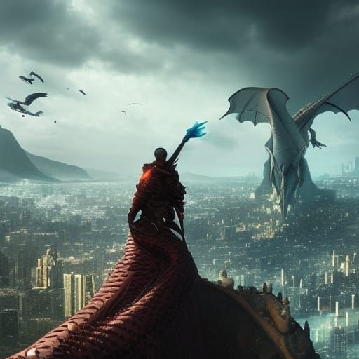 Dragon Rider Overlooking Futuristic Cityscape