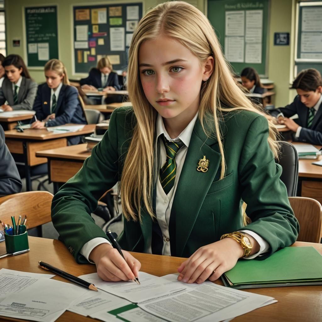 Girl in School Uniform Working Hard, Hyperrealistic Style