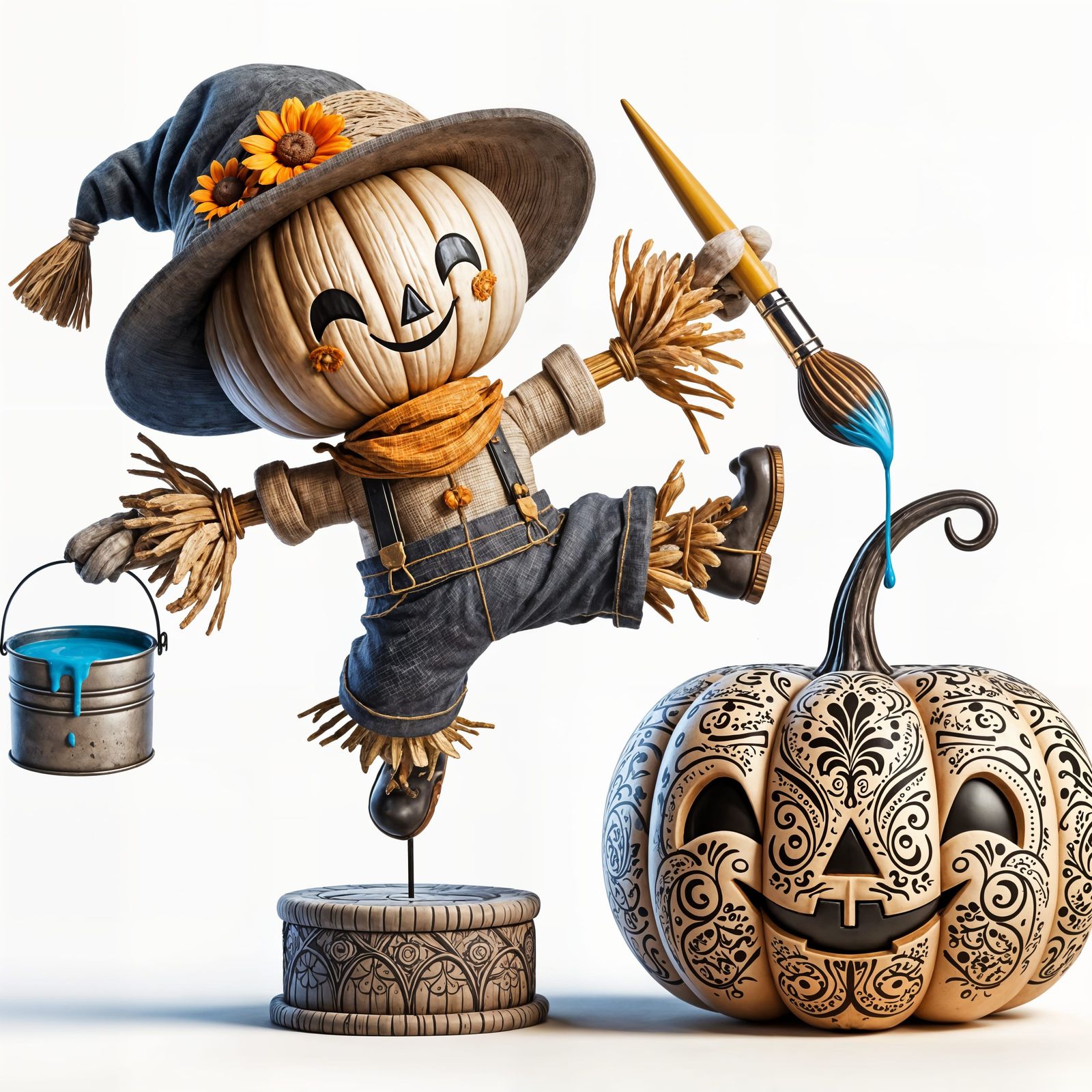 Adorable Scarecrow Painting Pumpkins with Joyful Flair