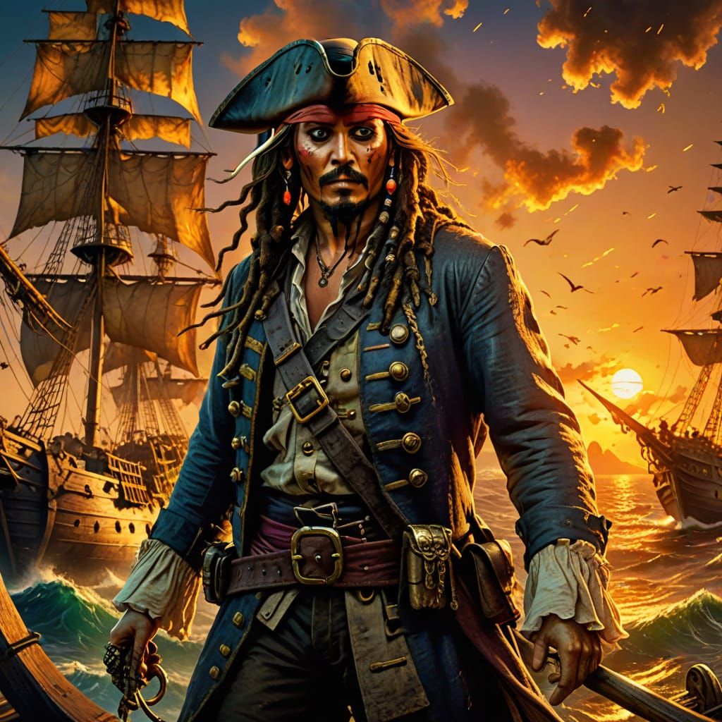 Pirate on Ship at Sunset in Oil Painting Style