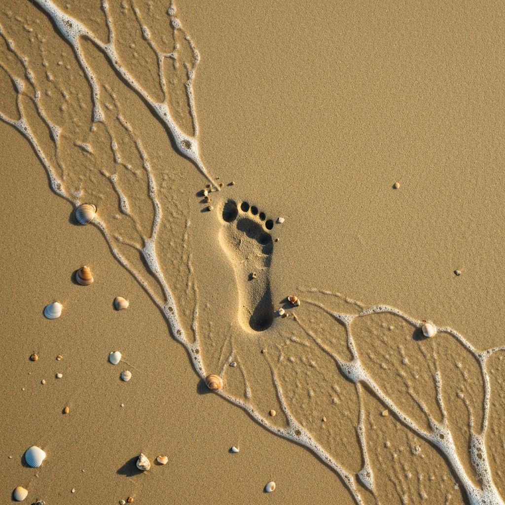 Footprint in Sand Washed by Waves
