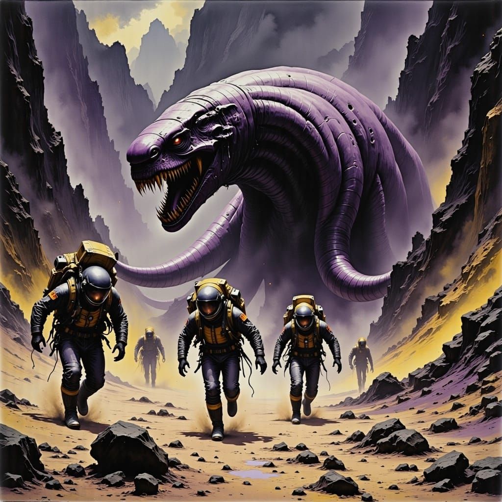 Astronauts Fleeing Alien Worm on Violet Planet
