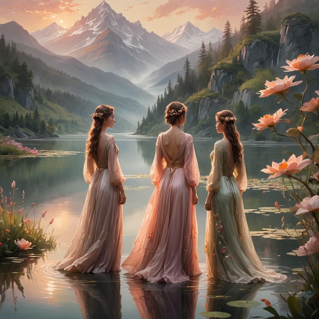 Three Women by Lake at Sunset in Ethereal Oil Painting