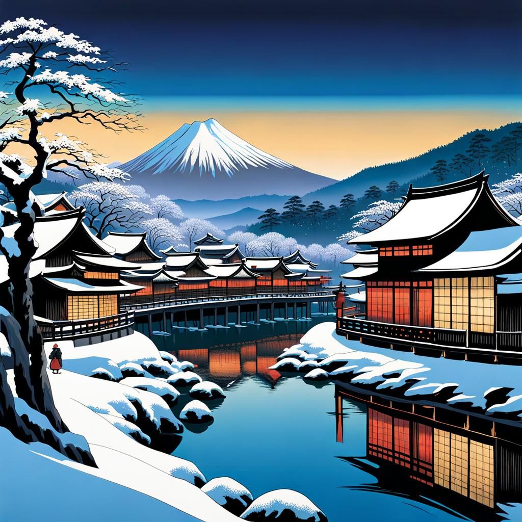 Japanese River Village in Chawan: Ukiyo-e Winter Scene