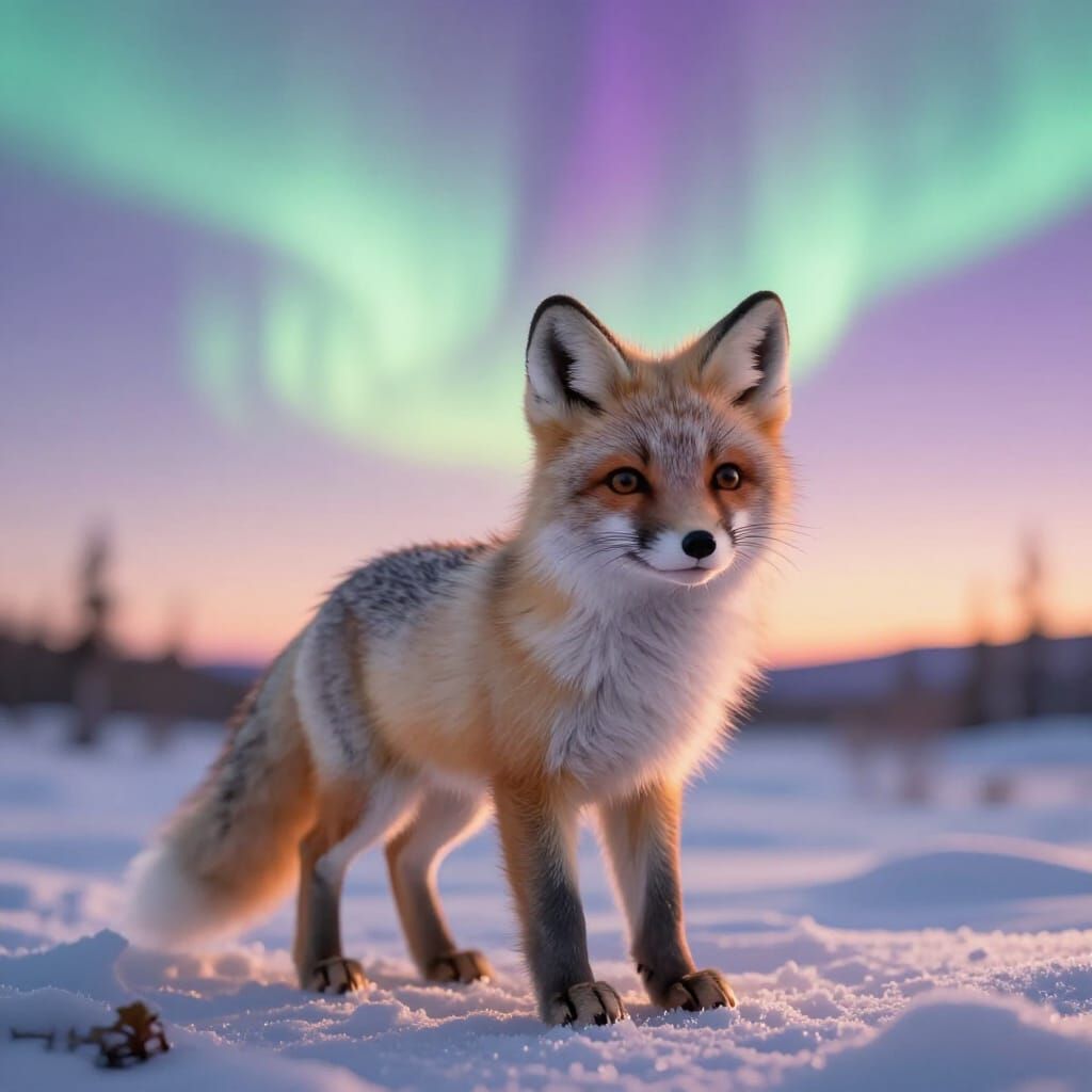 Baby Arctic Fox at Sunrise with Aurora Borealis
