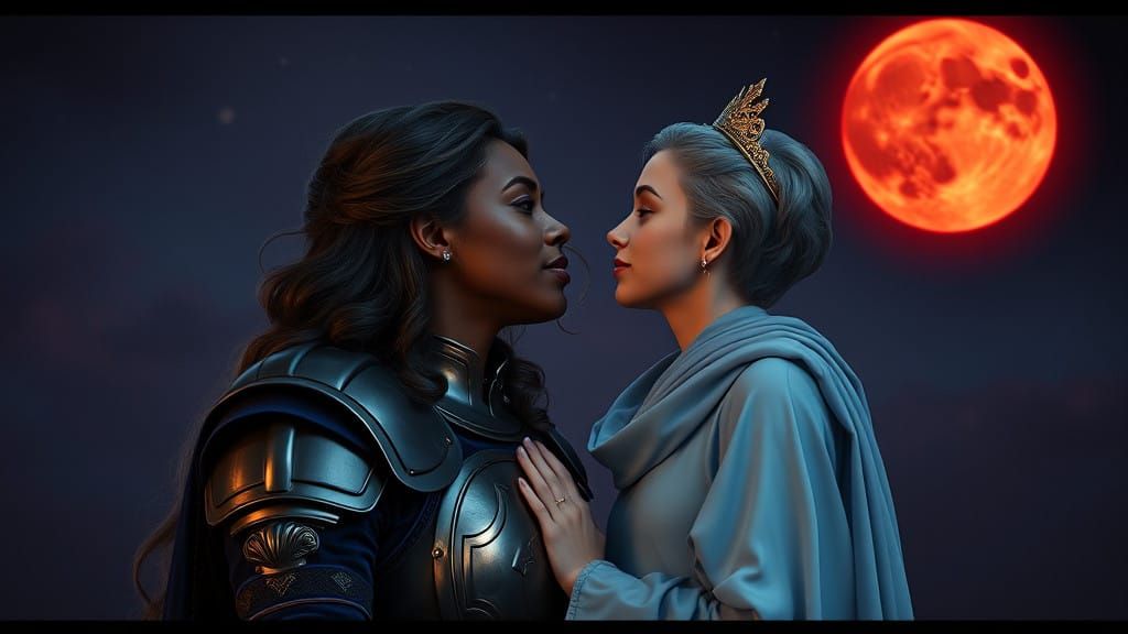 African Princess and Knight in Dreamlike Night Sky